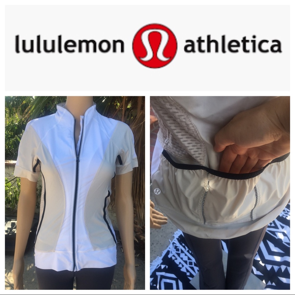 lululemon athletica White Short Sleeve Zip Athletic Top with Black Accents
